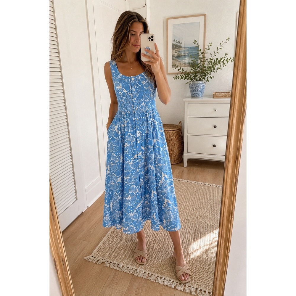 BFA Classics PM Blue White Floral Button Front Sleeveless Midi Dress Rayon